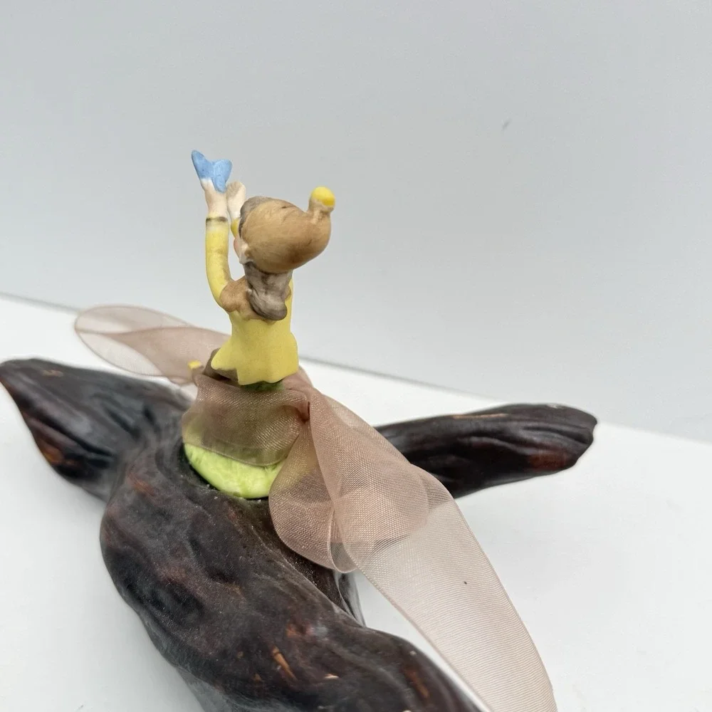 Vtg 50s Ceramic Girl Garden Pixie Elf On Log w/ Butterfly Kitschy Mid Century